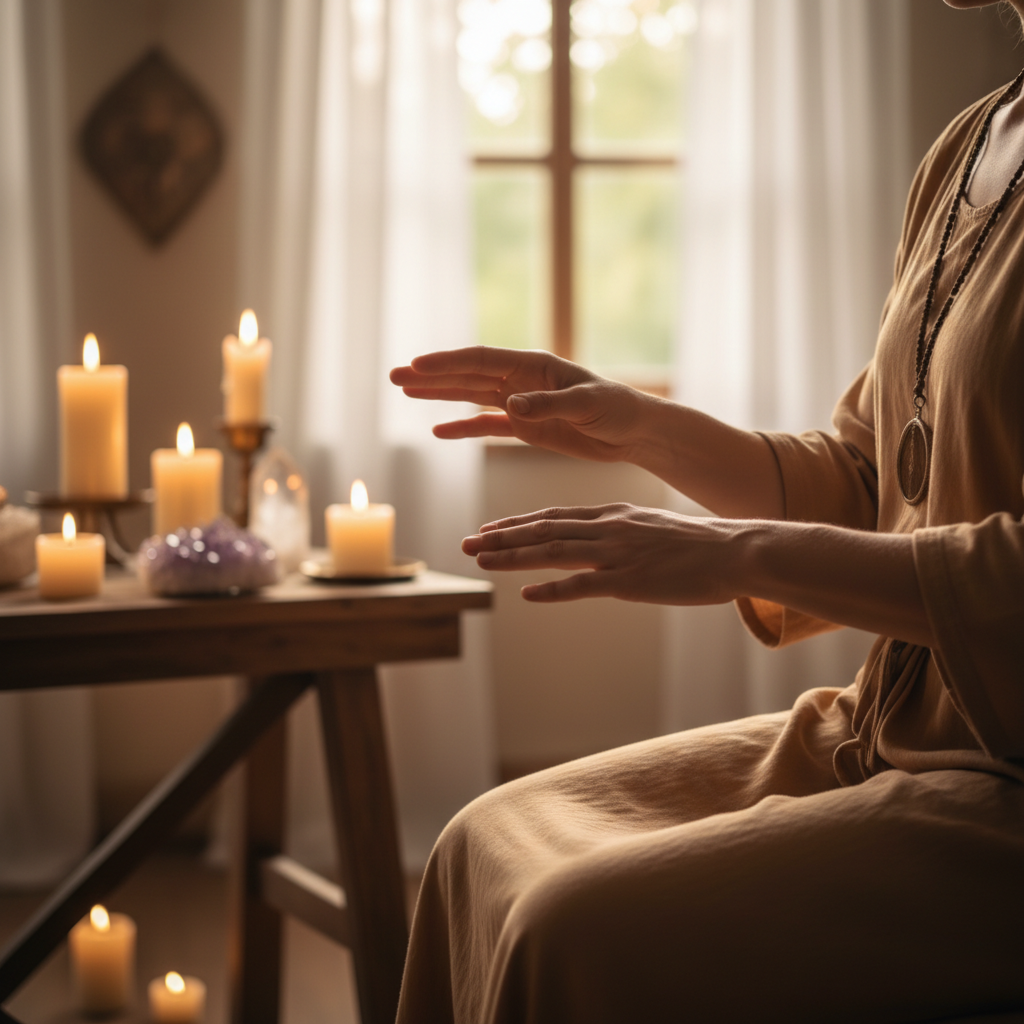 Spiritual practitioner's hands glowing with healing energy above client's shoulders in candlelit sanctuary space Spiritual practitioner's hands glowing with healing energy above client's shoulders in candlelit sanctuary space
