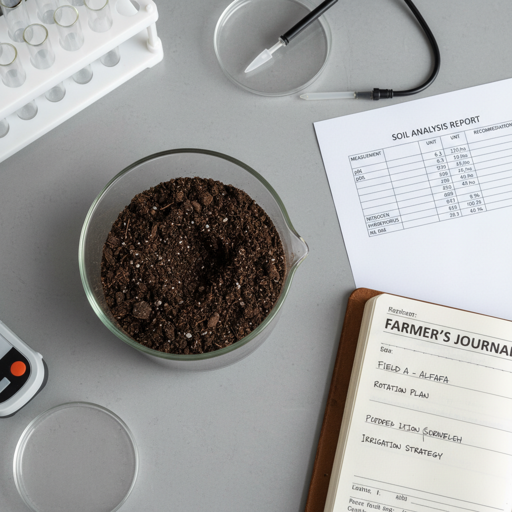 Soil testing sample in glass container with analysis report and agricultural testing equipment Soil testing sample in glass container with analysis report and agricultural testing equipment