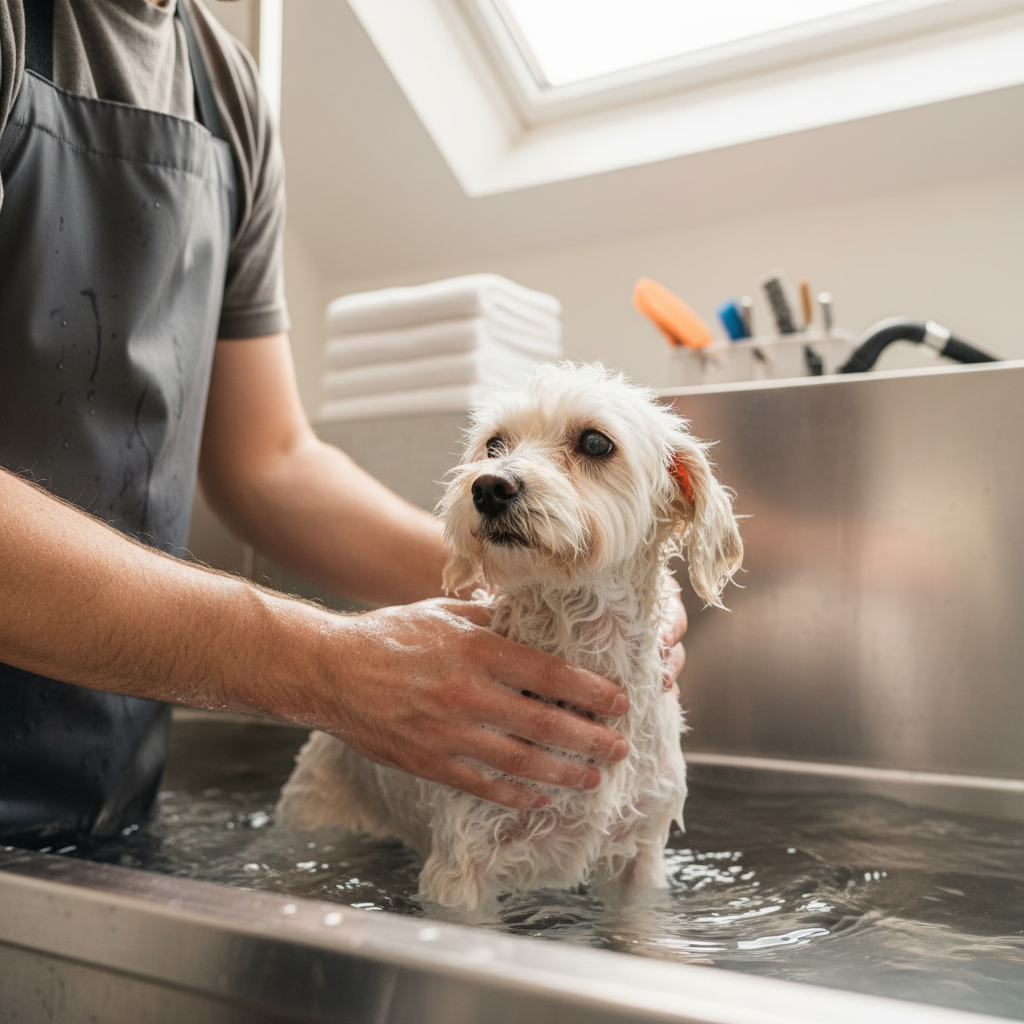 Professional groomer's hands gently bathing a fluffy dog in stainless steel tub with warm water and specialized shampoo