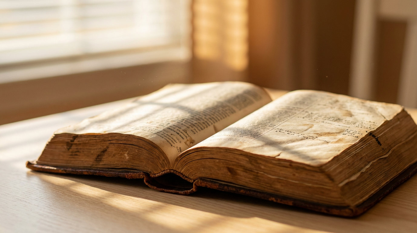 Close-up of an open weathered bible in golden sunlight with window shadows and floating dust motes. Close-up of an open weathered bible in golden sunlight with window shadows and floating dust motes.