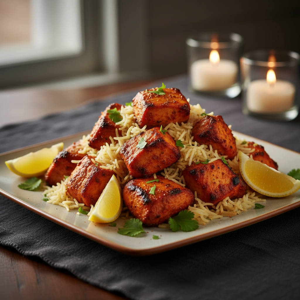 Elegantly plated tandoori chicken with aromatic basmati rice, fresh cilantro garnish, and candlelit fine dining ambiance