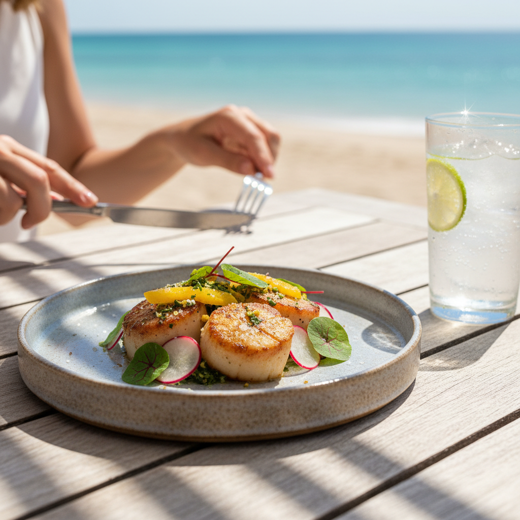 Close-up of plated coastal cuisine on wooden table with ocean view and beverage, beachfront dining