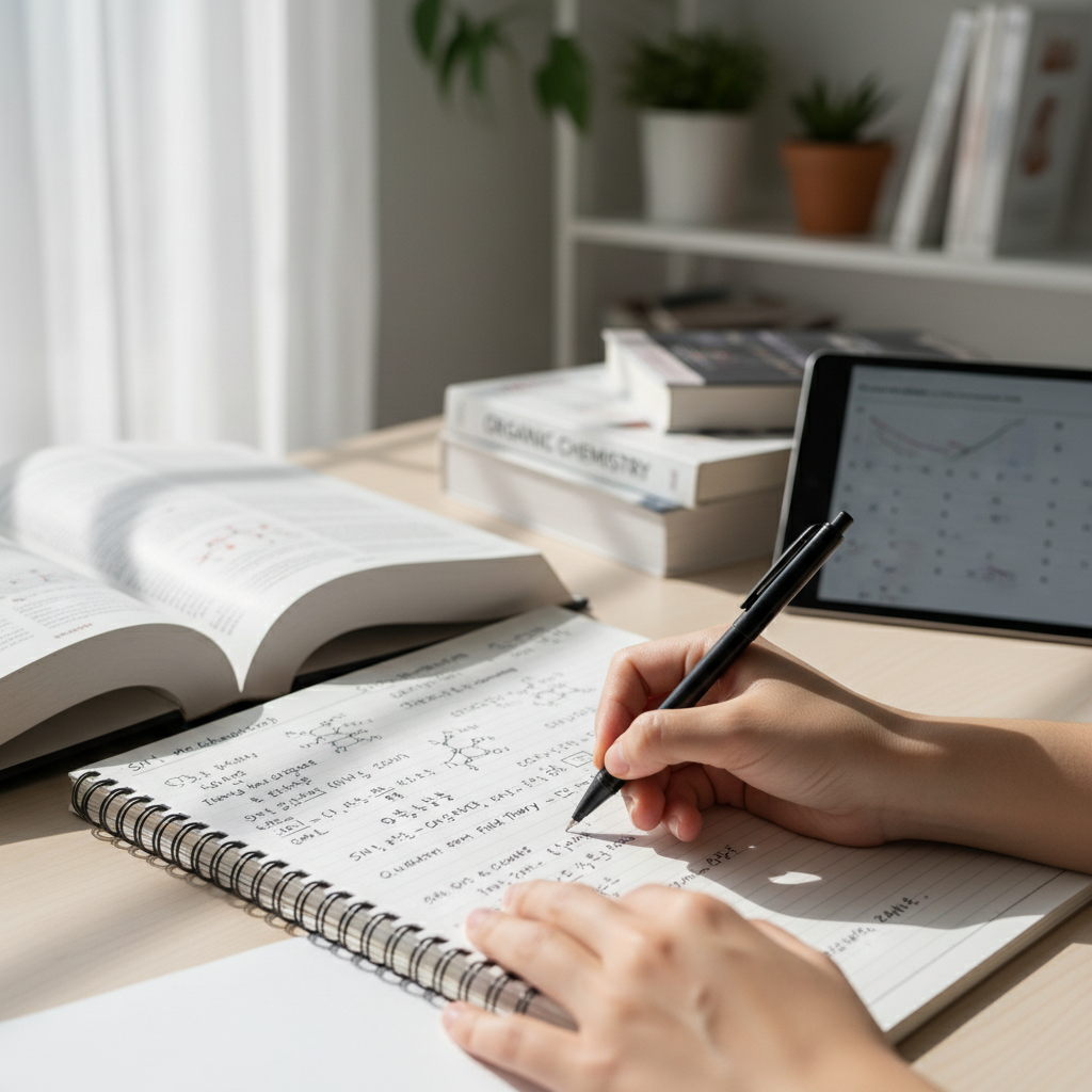 Student's hands writing detailed notes and formulas during focused exam preparation study session