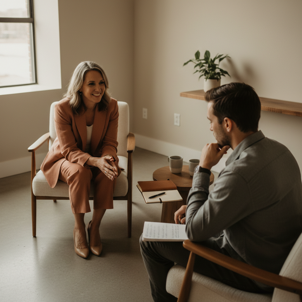 Life coach and client in engaged conversation in a bright, minimalist office during a personalized coaching session Life coach and client in engaged conversation in a bright, minimalist office during a personalized coaching session