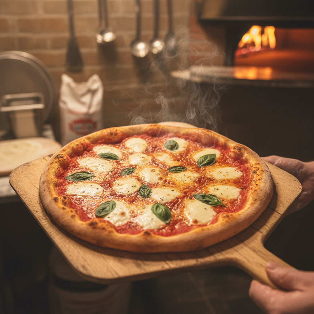 freshly baked pizza serving