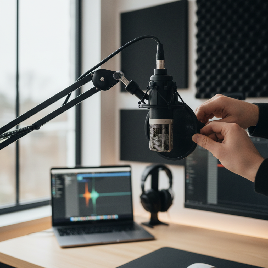 Content creator adjusting professional microphone in bright home studio with editing software visible on laptop Content creator adjusting professional microphone in bright home studio with editing software visible on laptop