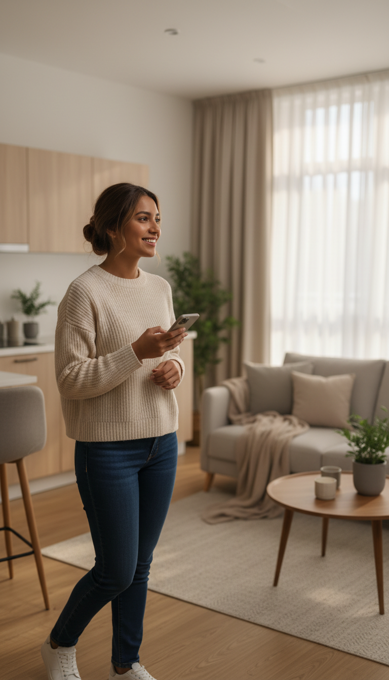 Smiling traveler with smartphone standing in modern furnished apartment, enjoying her short-term rental accommodation