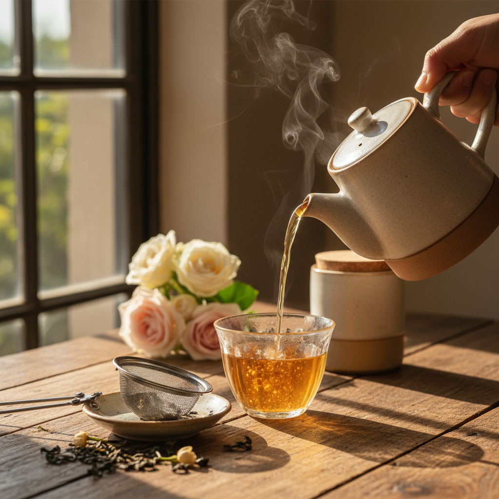 Close-up of teapot pouring amber tea into ceramic cup with loose leaves and golden afternoon light