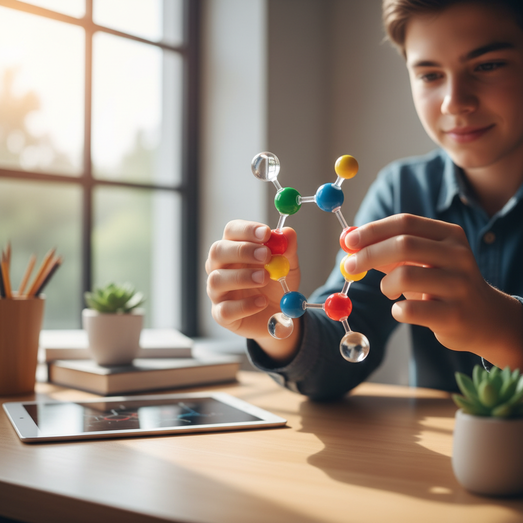 child studying science