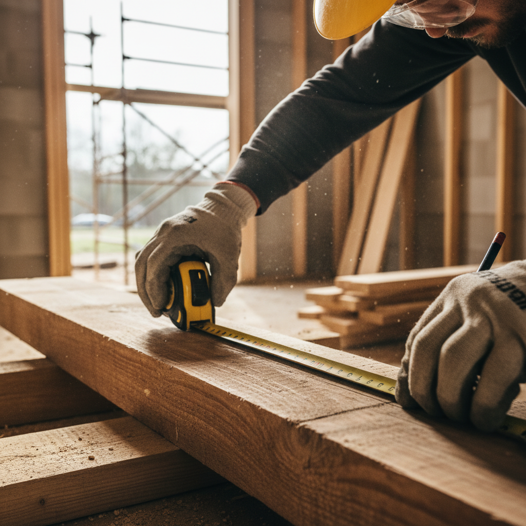 Skilled tradesperson measuring and marking wooden beam on residential renovation site with precision tools and natural daylight Skilled tradesperson measuring and marking wooden beam on residential renovation site with precision tools and natural daylight
