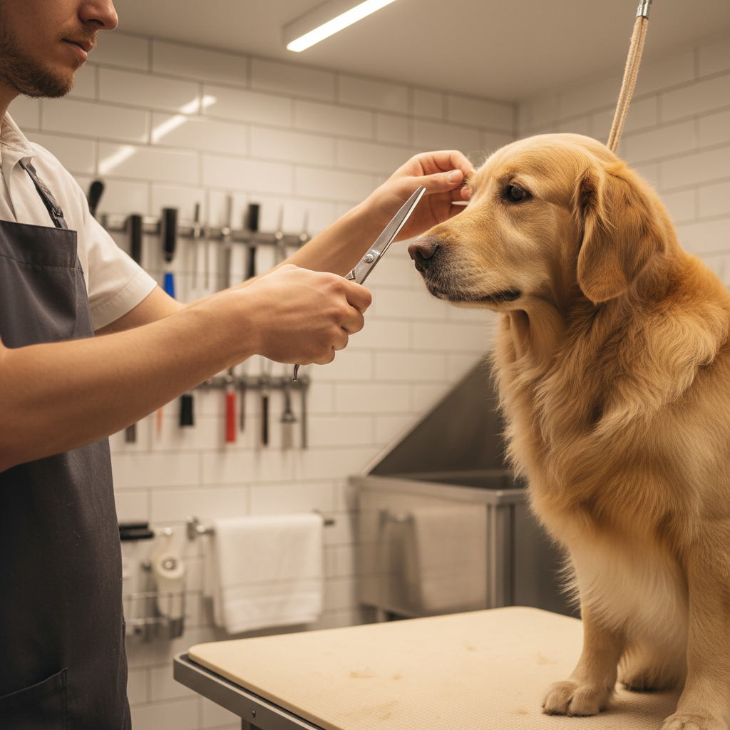 Groomer's hands carefully trimming a fluffy dog's face with precision shears on a grooming table under studio lighting Groomer's hands carefully trimming a fluffy dog's face with precision shears on a grooming table under studio lighting