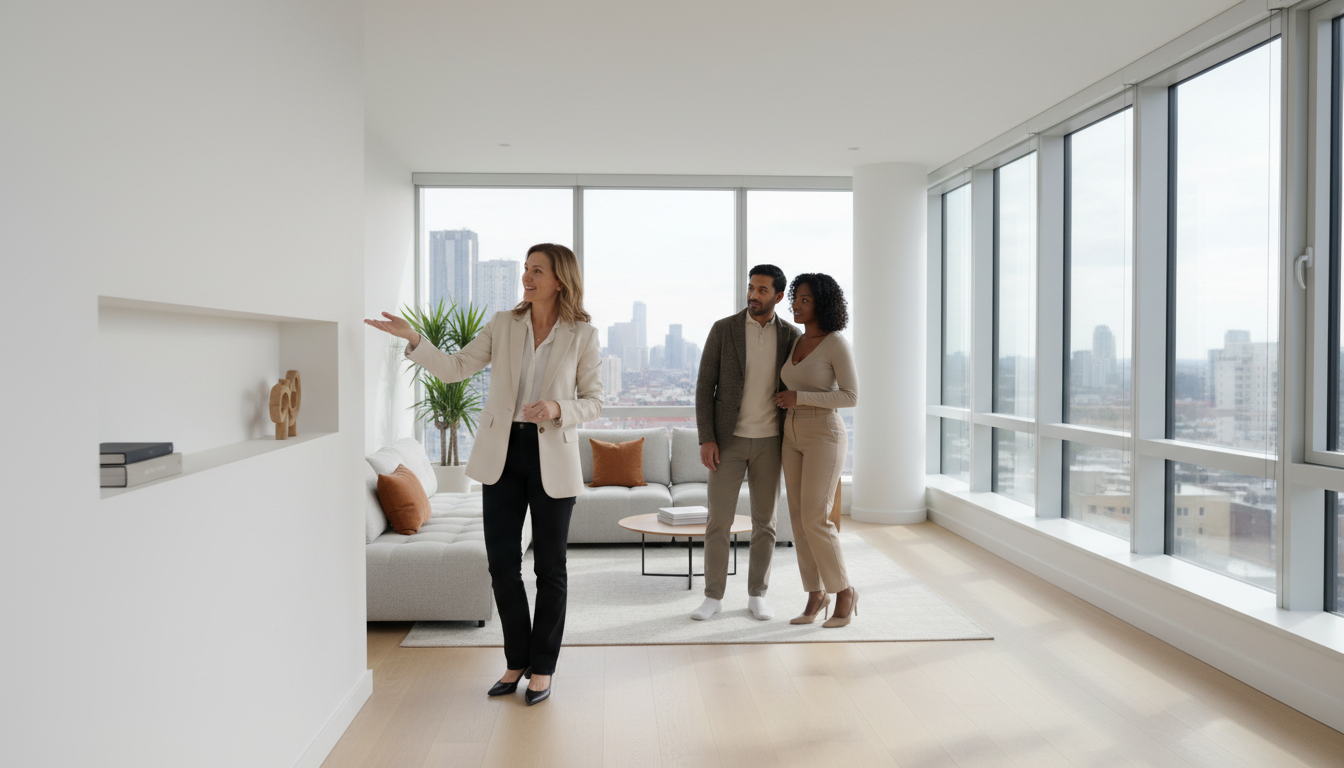 Sellers benefit from deep cleaning that creates strong first impressions in listing photos. Real estate agent walking potential buyers through a spotlessly cleaned and staged Edmonton home