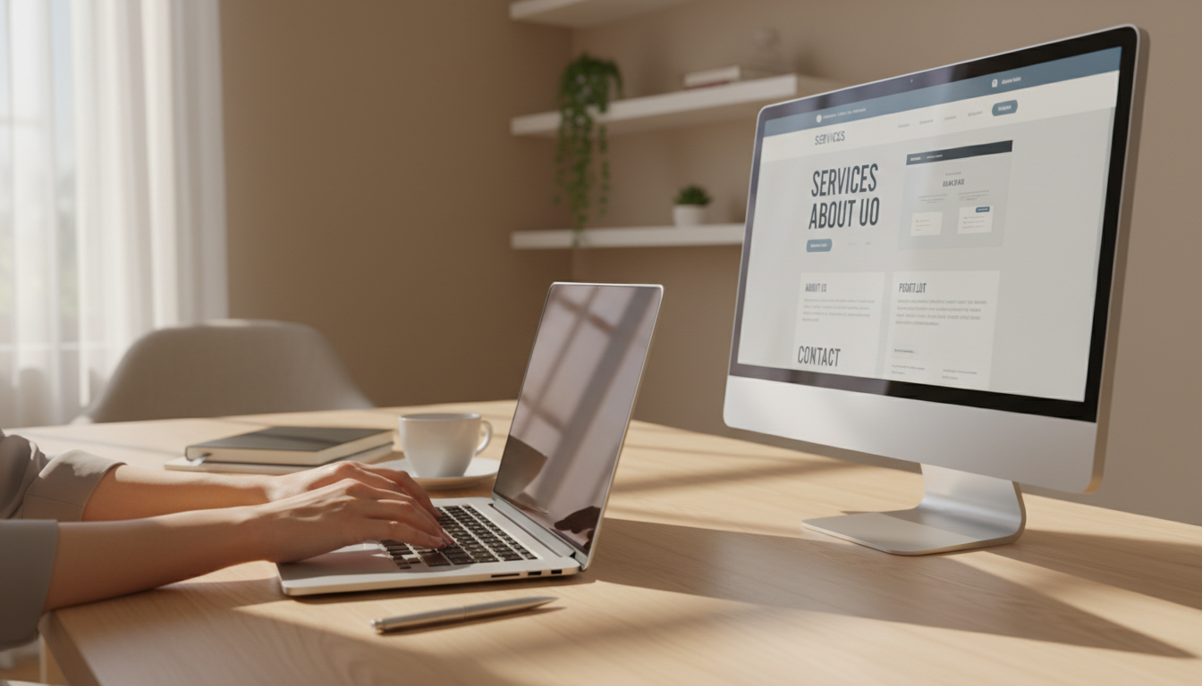 Personalizing AI-generated copy helps your site connect with real local customers. Small business owner reviewing and editing website copy on a laptop at a modern desk