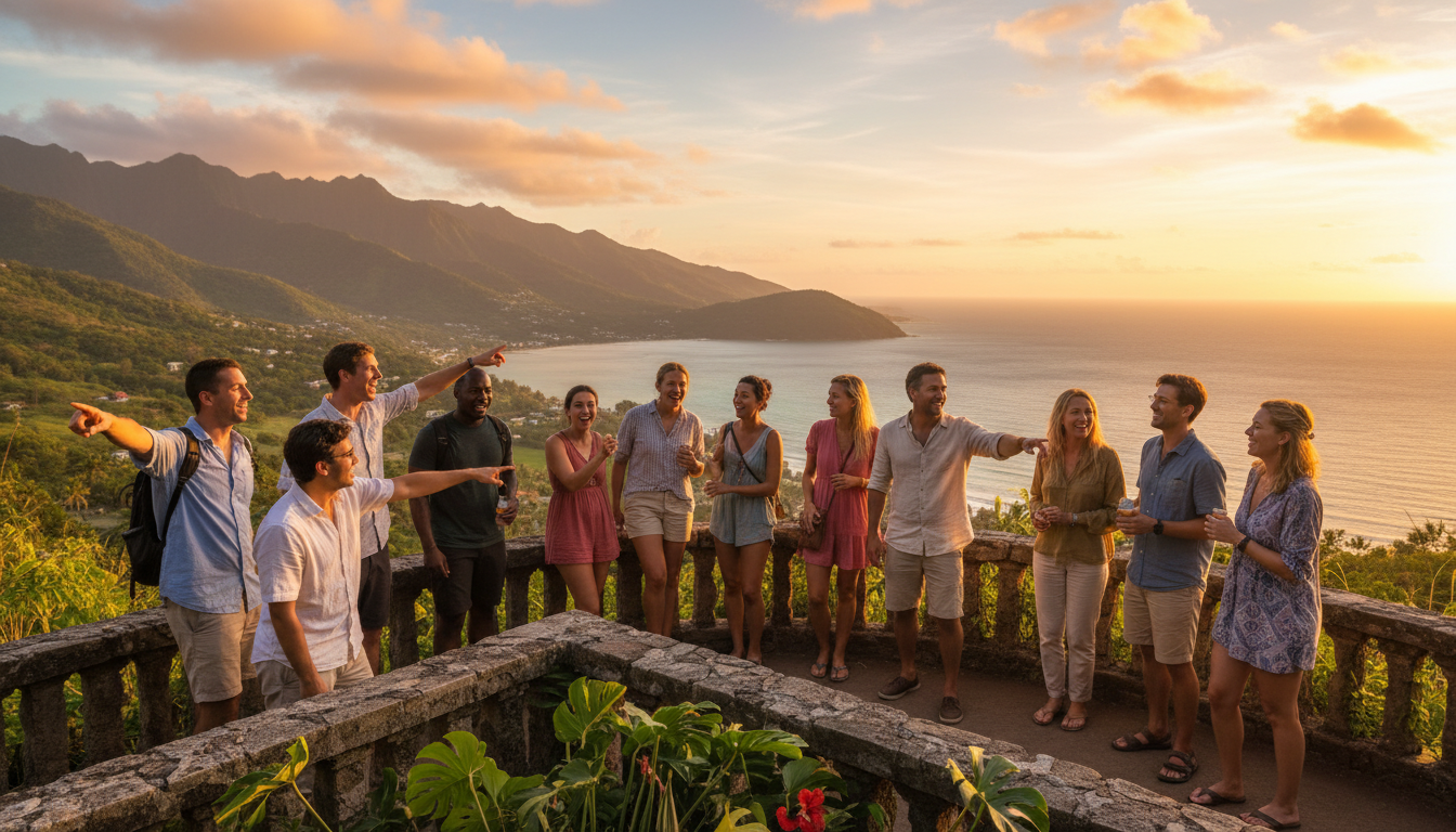 Diverse group of international travelers admiring sunset view from tropical coastal overlook with mountains and turquoise waters