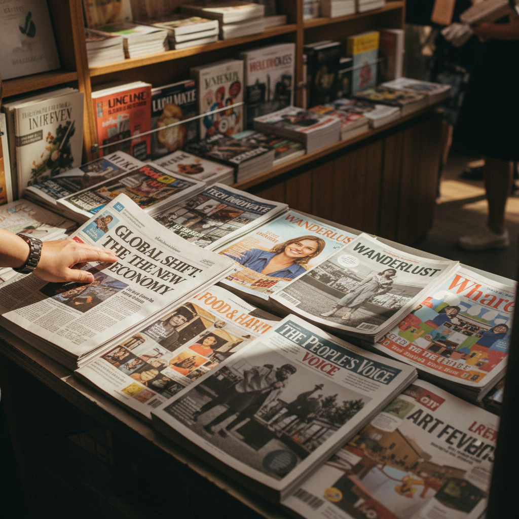 Customer hand selecting from colorful array of newspapers and magazines displayed on newsstand counter in natural light
