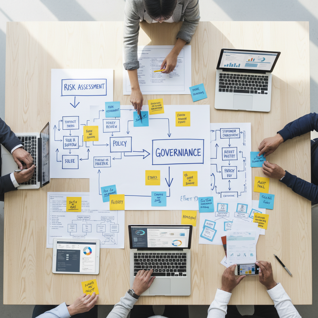 Overhead view of diverse team brainstorming around table with governance frameworks and sticky notes