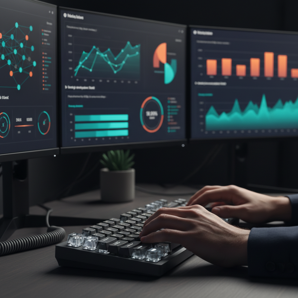 Software engineer hands typing at keyboard with data annotation dashboards and sensor datasets displayed on multiple monitors