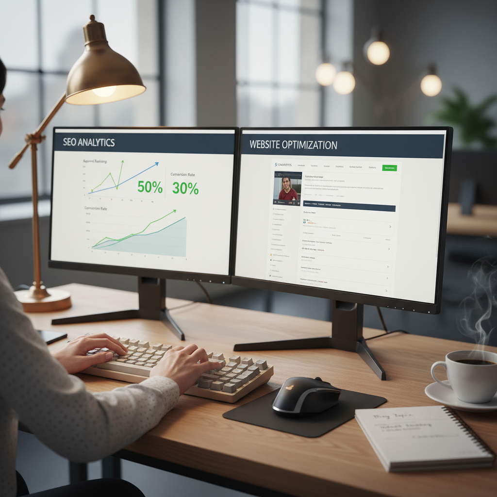 Marketer's hands typing at keyboard with dual monitors displaying SEO metrics and website optimization data Marketer's hands typing at keyboard with dual monitors displaying SEO metrics and website optimization data