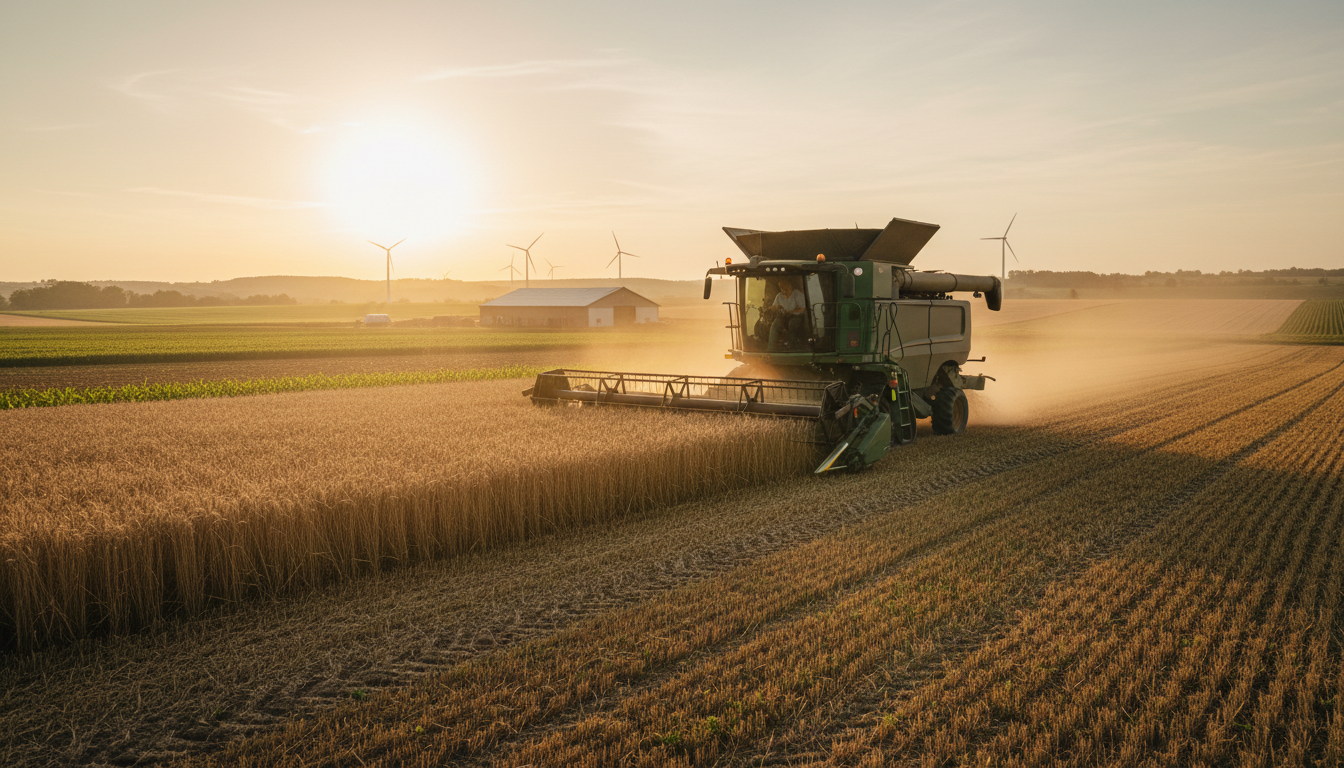 Farmer operating modern agricultural equipment across expansive cultivated field during golden hour sunrise Farmer operating modern agricultural equipment across expansive cultivated field during golden hour sunrise