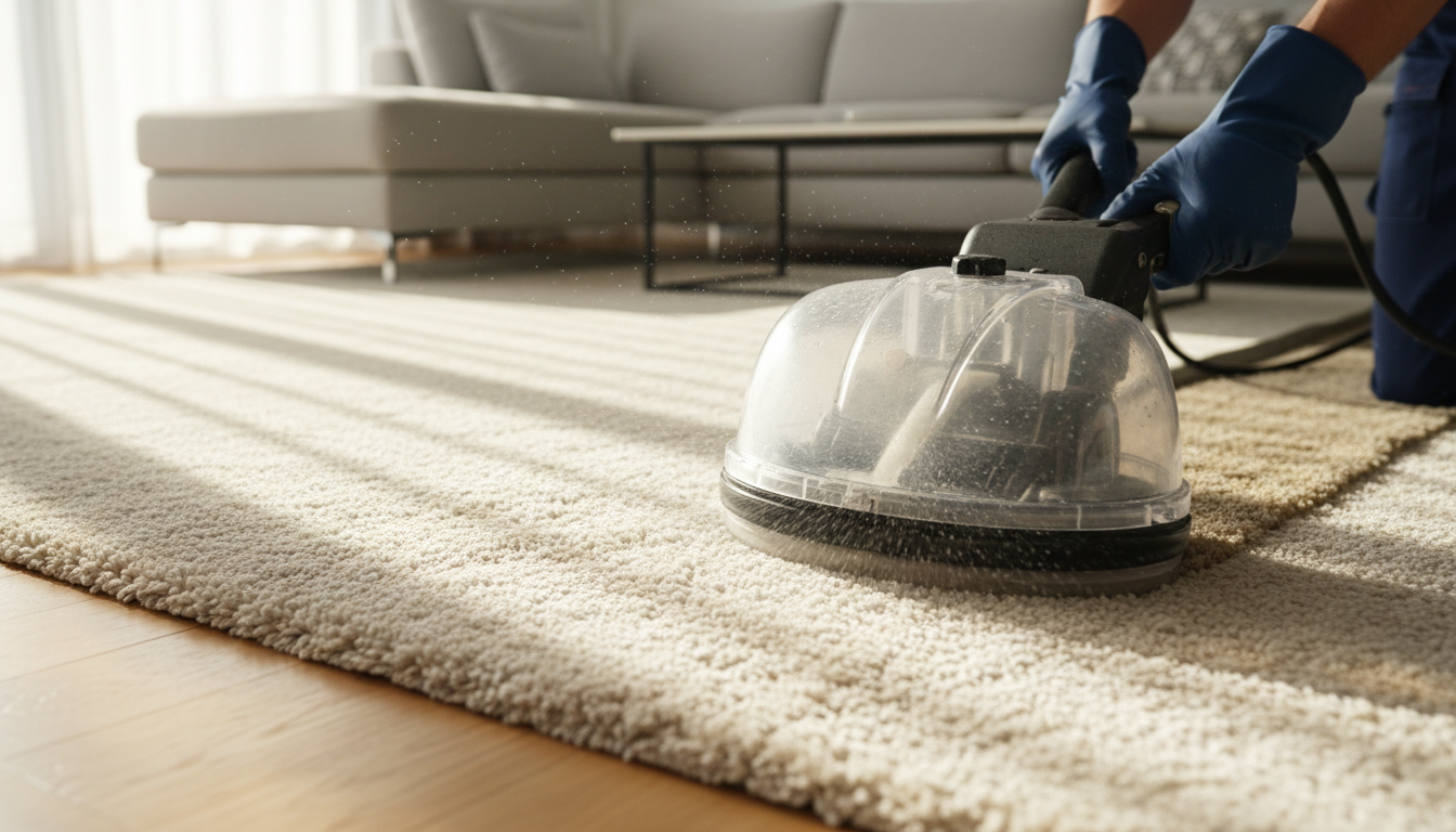Targeted pre-treatment is the first step in a professional deep extraction process. A professional cleaner applying a pre-treatment spray to a targeted stain on a beige carpet.