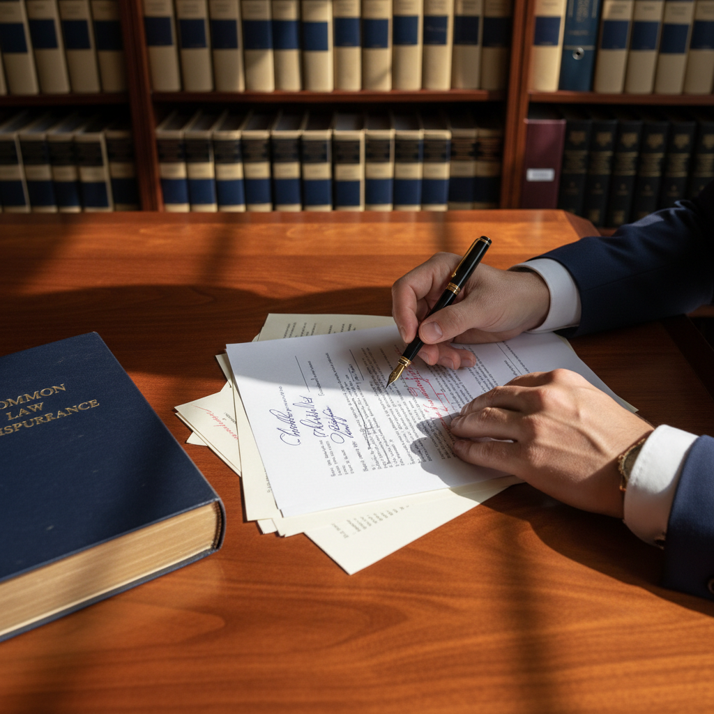 Attorney's hands reviewing and signing legal contracts on mahogany desk with pen and law books nearby Attorney's hands reviewing and signing legal contracts on mahogany desk with pen and law books nearby