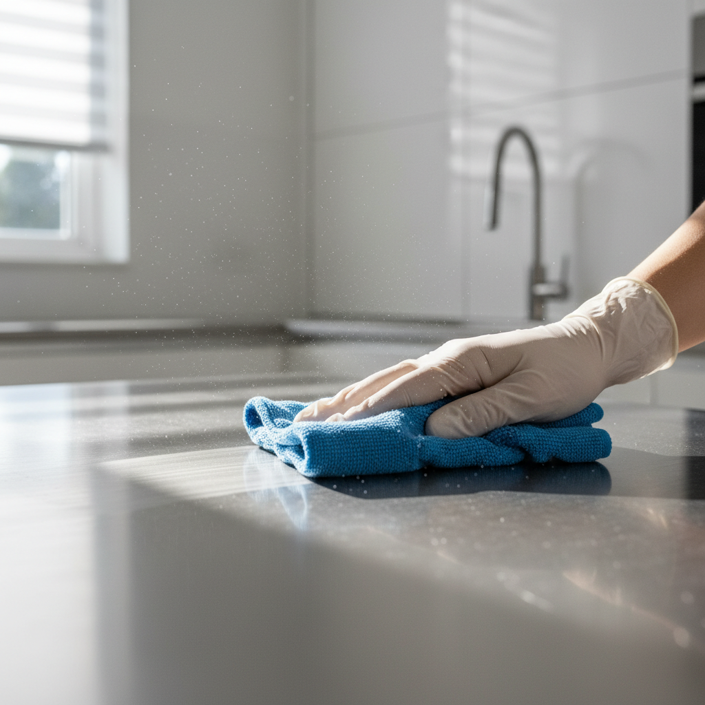 Deep cleaning involves intensive scrubbing of surfaces that regular maintenance often misses. Close up of a gloved hand scrubbing a surface to remove stubborn grime.