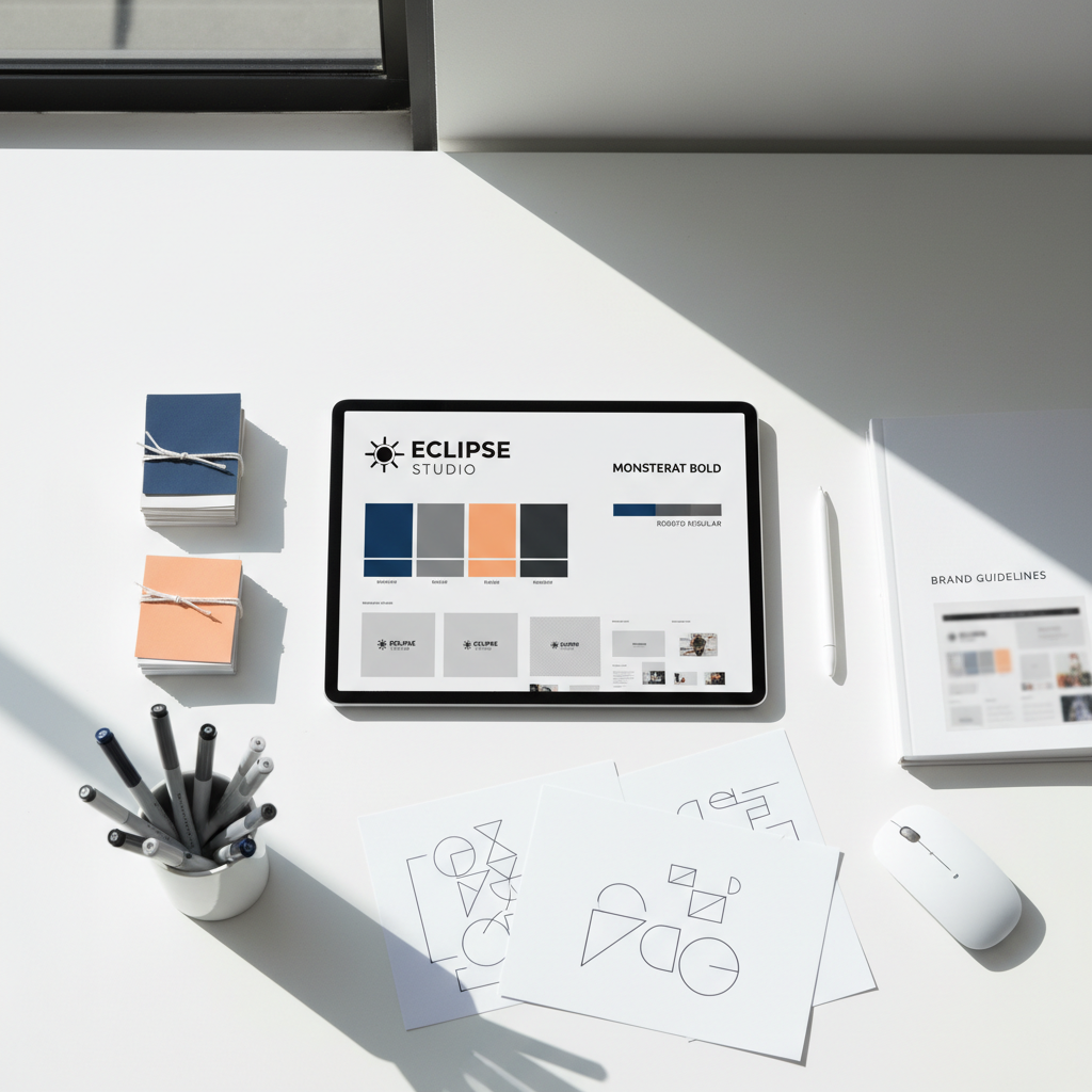 Professional ministry branding begins with a clear, defined identity that includes color palettes and typography. Brand identity design showing a logo, a specific color palette, and typography samples laid out on a workspace desk.