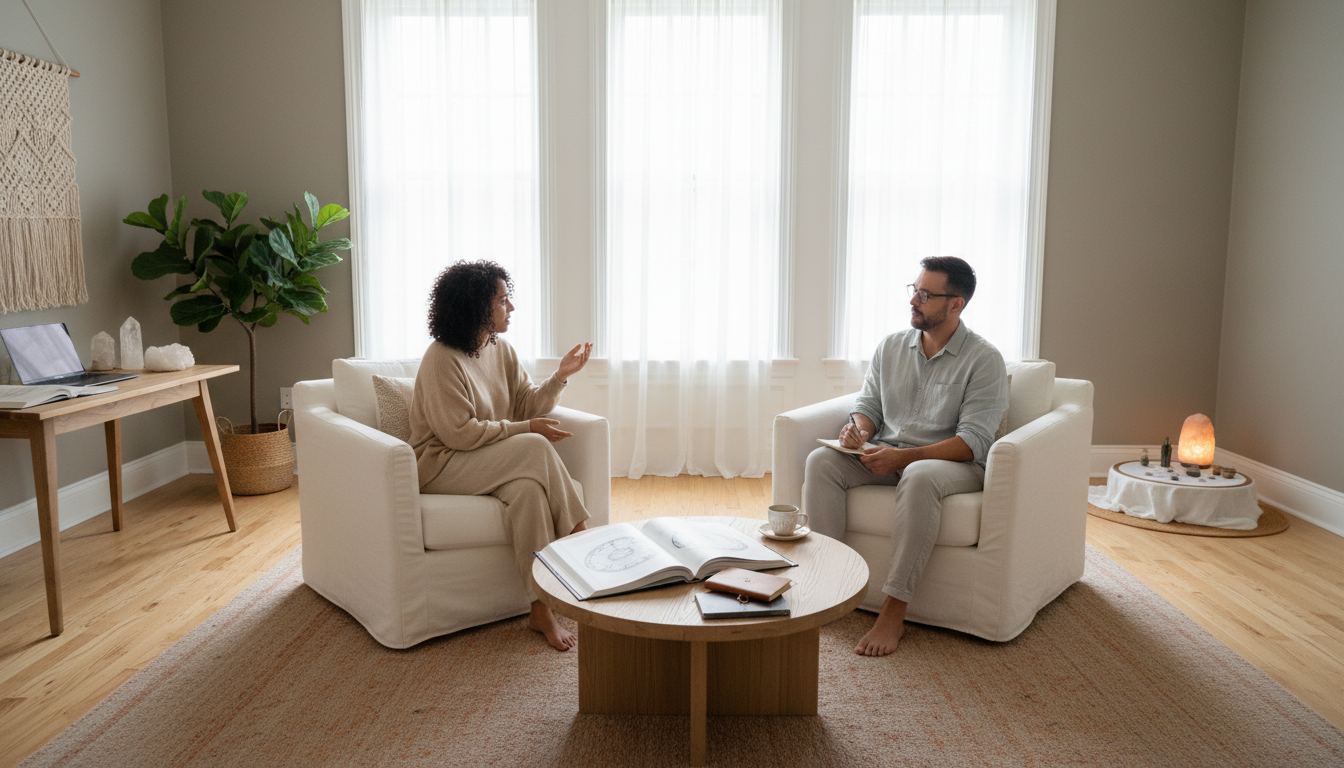 Serene consultation room with practitioner and diverse client discussing astrology charts bathed in natural light and surrounded by calming elements