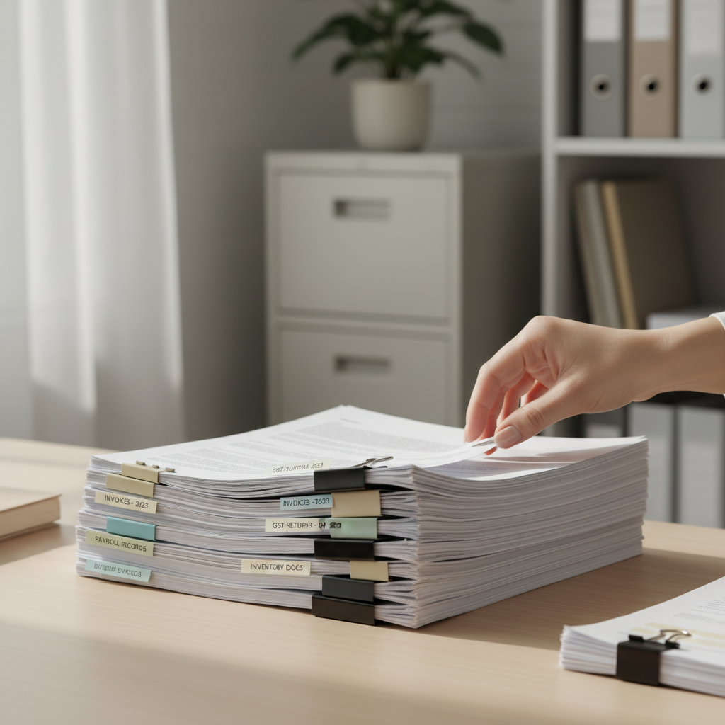 Organized stack of financial documents including GST returns and payroll records with hand selecting a file Organized stack of financial documents including GST returns and payroll records with hand selecting a file