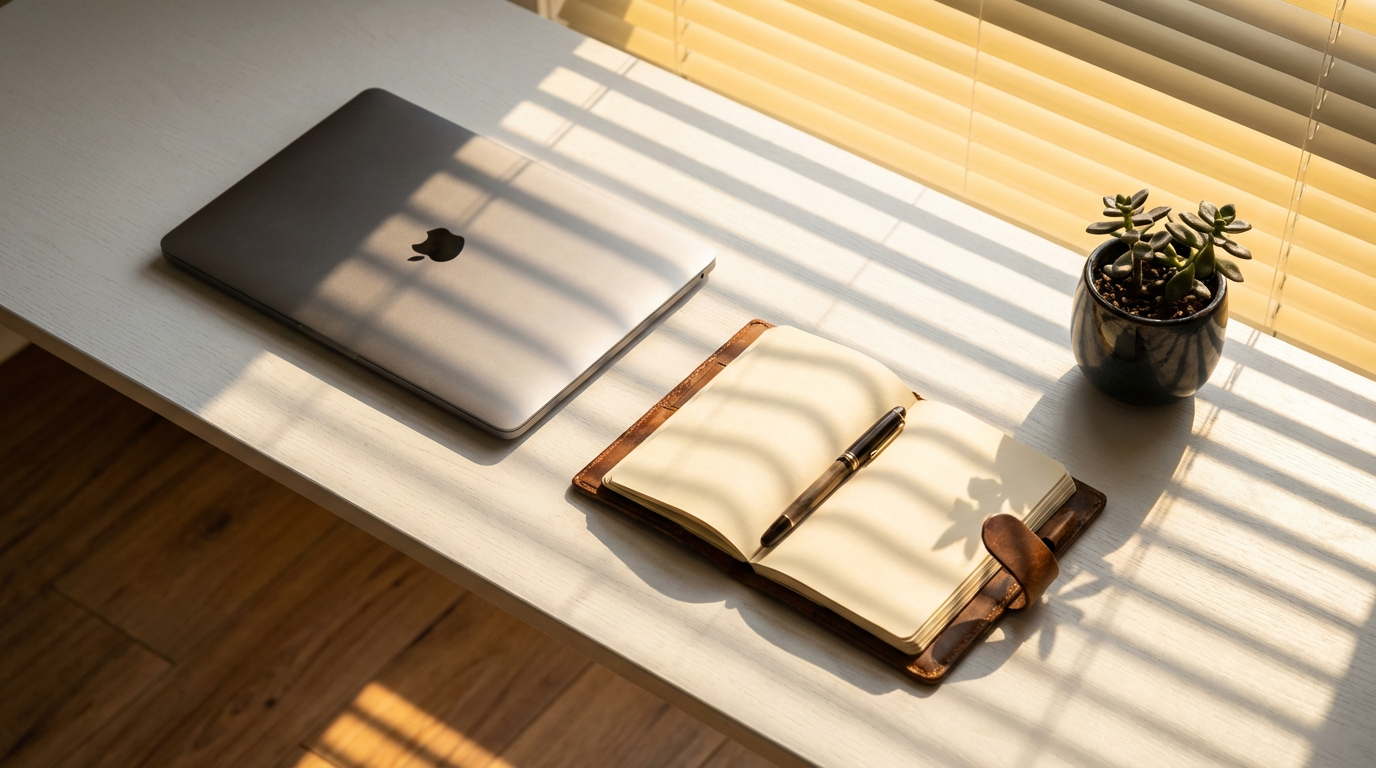 Legitimate firms maintain physical offices and transparent business practices. A clean, minimalist tech workspace in Bucharest showing a monitor and notebook, representing professional accountability.
