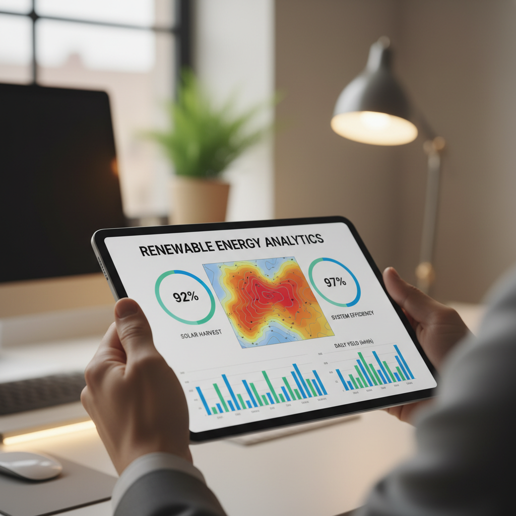 Engineer holding tablet with solar energy analysis maps and efficiency data displayed on screen Engineer holding tablet with solar energy analysis maps and efficiency data displayed on screen