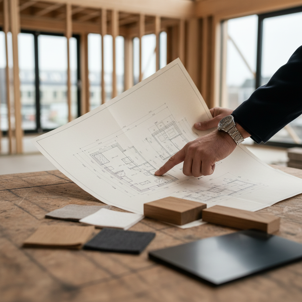 Construction professional's hands pointing to blueprint details with material samples on wooden construction site table in natural light