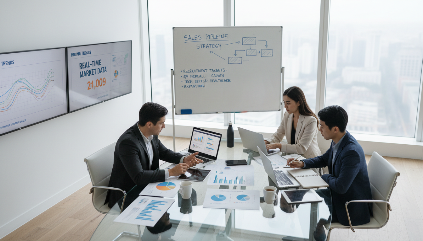 Diverse recruitment team analyzing hiring data and market intelligence reports during collaborative meeting in modern conference room