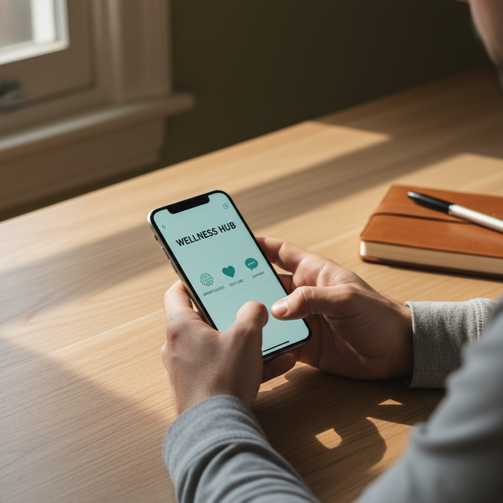 Man's hands holding smartphone displaying mental health resources at wooden desk with journal and pen