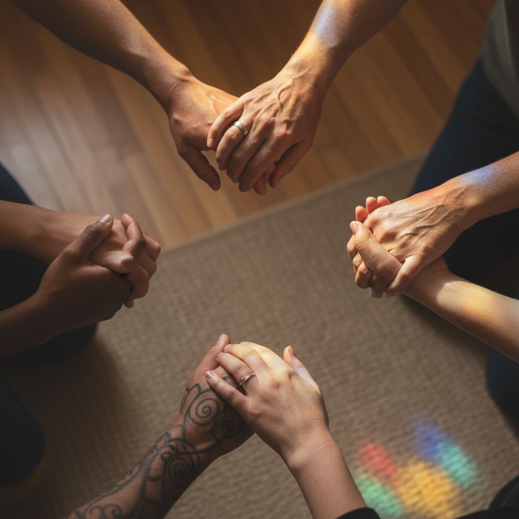 Diverse hands joined together in prayer circle with warm natural light, symbolizing spiritual unity and fellowship Diverse hands joined together in prayer circle with warm natural light, symbolizing spiritual unity and fellowship