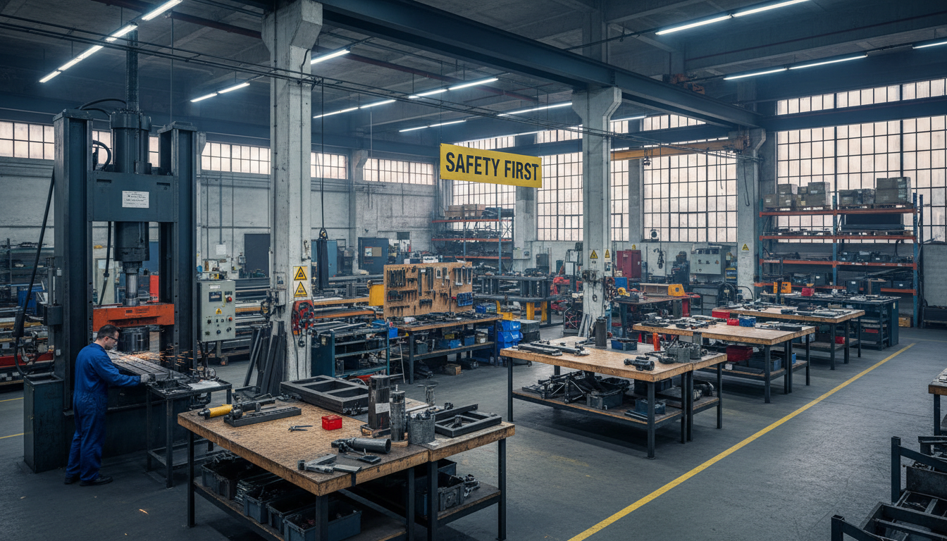 Safe and precise equipment relocation is a cornerstone of the turnkey commissioning process. Industrial riggers and cranes carefully relocating a heavy press machine inside a manufacturing plant with high-bay lighting.