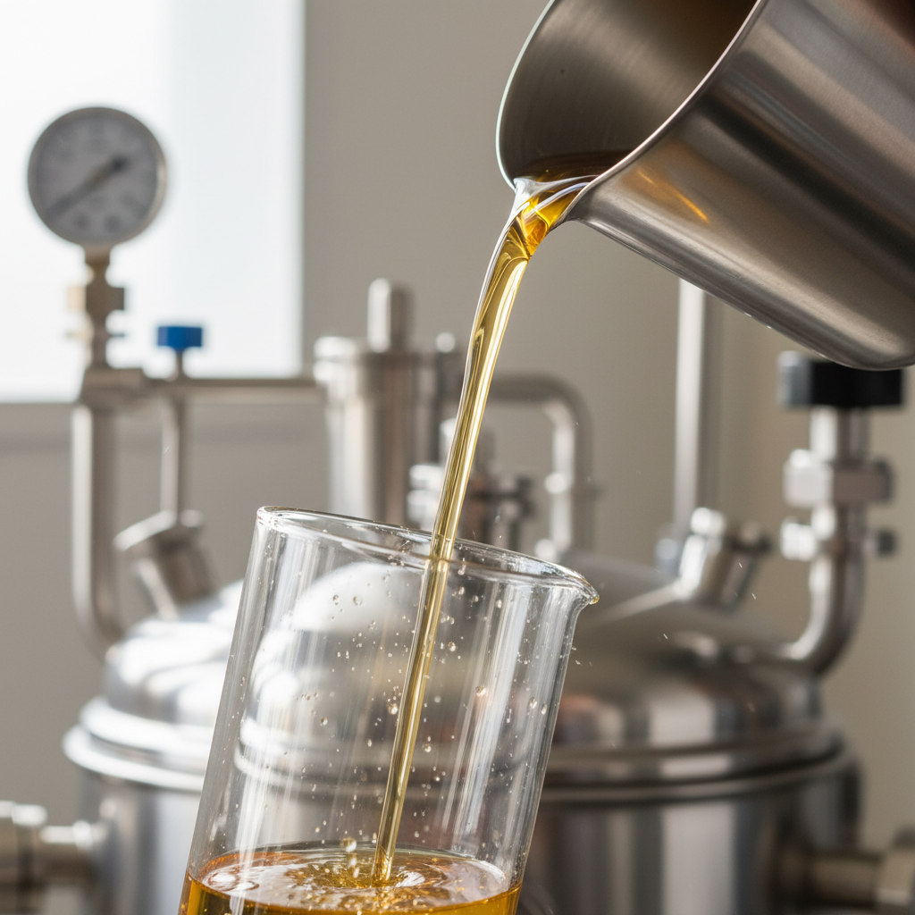 Close-up of golden edible oil being poured into glass container, showcasing premium quality and purity