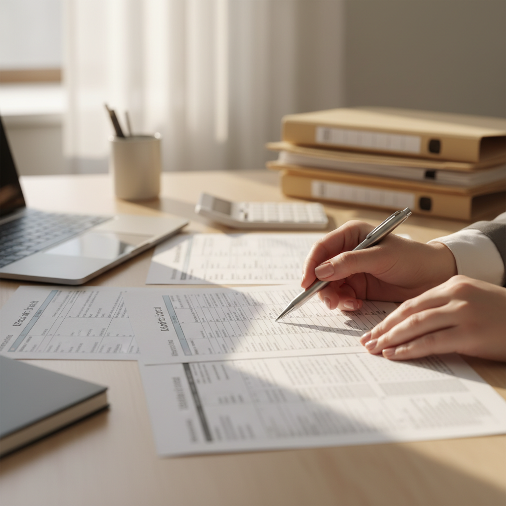 Tax professional's hands carefully reviewing financial documents and tax forms at wooden desk with morning light Tax professional's hands carefully reviewing financial documents and tax forms at wooden desk with morning light