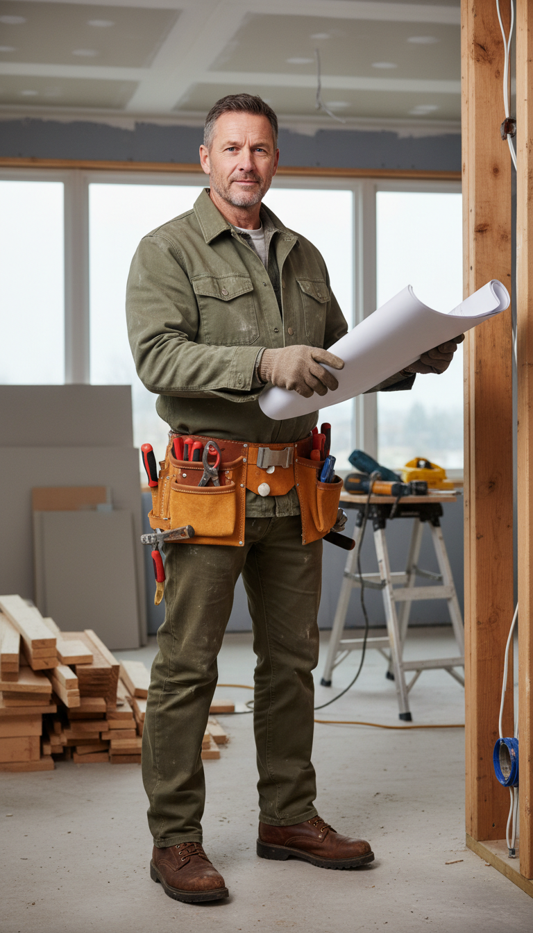 Professional contractor in full work attire standing confidently at active renovation job site with framing visible