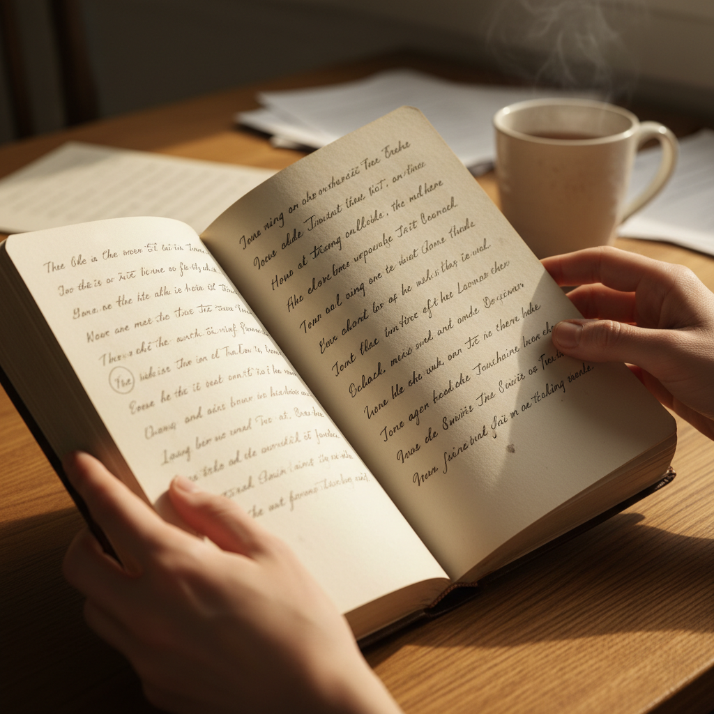 The founder's vision is often documented in the early, iterative stages of a company's life. A person's hands holding a leather-bound notebook with handwritten notes and diagrams under a desk lamp.