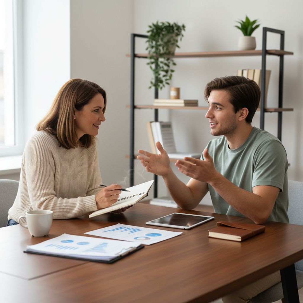Life coach and young adult engaged in attentive conversation at wooden table with planning documents and natural window light Life coach and young adult engaged in attentive conversation at wooden table with planning documents and natural window light