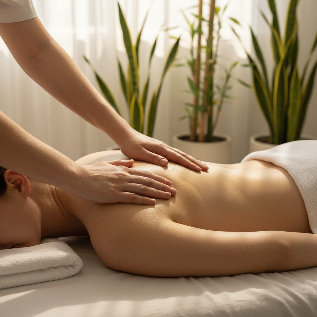 Therapist's hands performing shoulder massage on client in calm, light-filled spa room with plants Therapist's hands performing shoulder massage on client in calm, light-filled spa room with plants