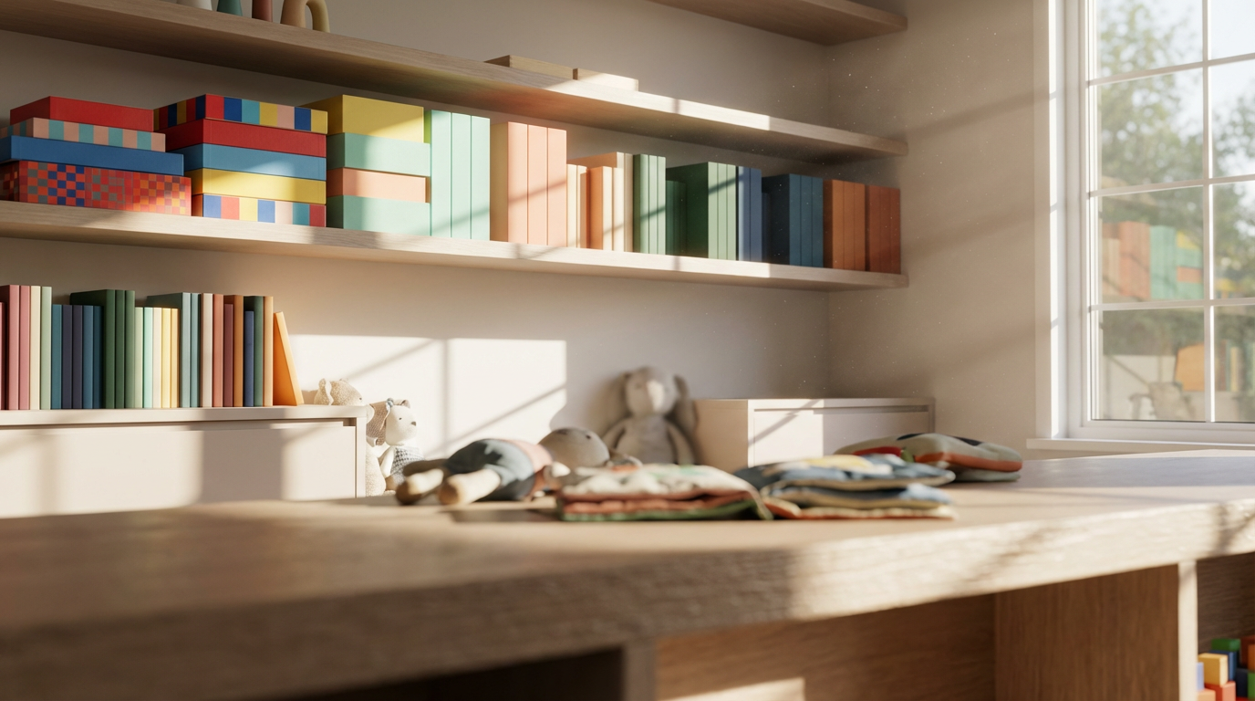 Colorful board games and books on bright shelves with moving sunlight shadows and geometric patterns