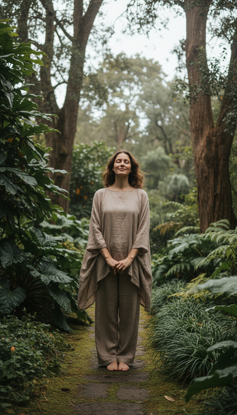 Person standing peacefully in lush natural garden setting with calm expression and serene outdoor surroundings