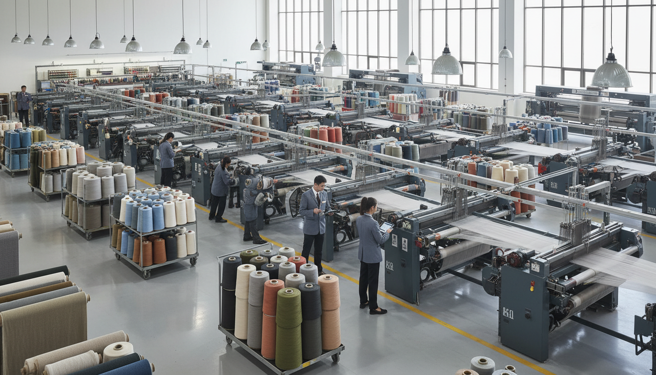 Modern textile production facility with multiple industrial looms, workers, and organized fabric bolts demonstrating integrated manufacturing Modern textile production facility with multiple industrial looms, workers, and organized fabric bolts demonstrating integrated manufacturing