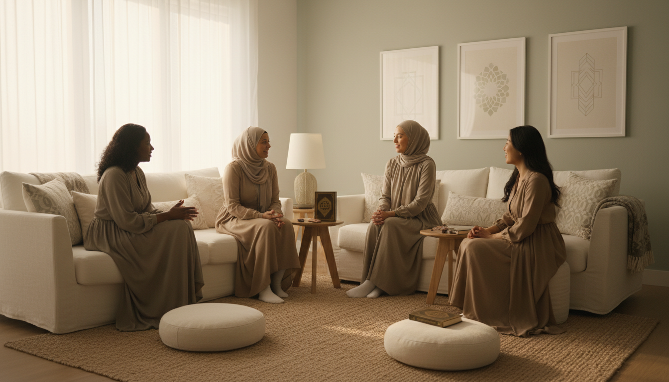 Four diverse women seated together in warm-lit living room, engaged in heartfelt spiritual conversation and community connection