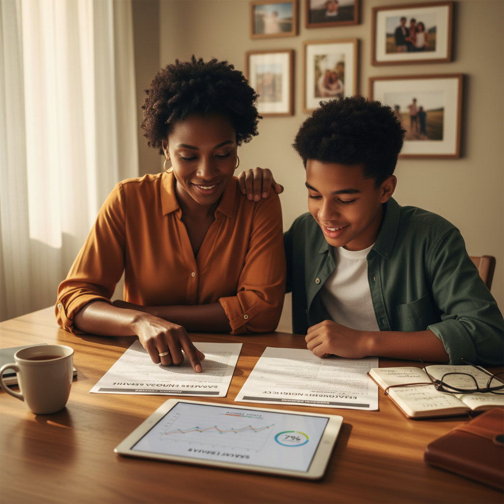 Protecting your family starts with a comfortable and transparent conversation about your specific needs. A warm professional conversation about retirement and insurance planning at a cozy bright kitchen table with notebooks.
