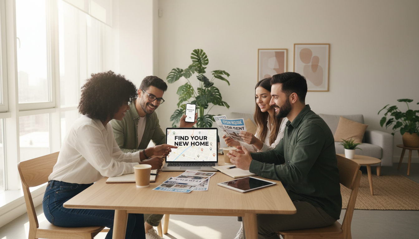 Diverse group of young adults collaborating on apartment search using laptop and smartphones at modern dining table