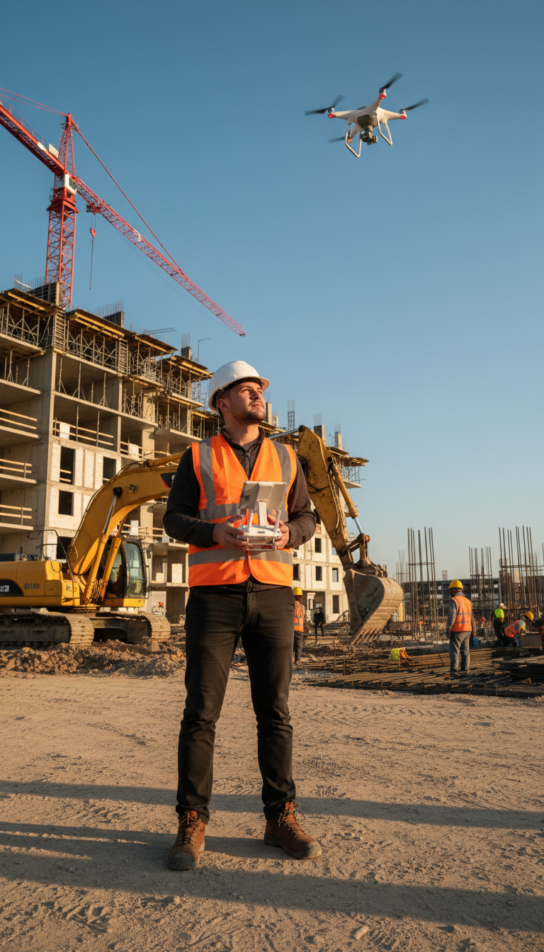 Certified drone operator in safety gear standing at construction site holding transmitter, monitoring aerial operations Certified drone operator in safety gear standing at construction site holding transmitter, monitoring aerial operations