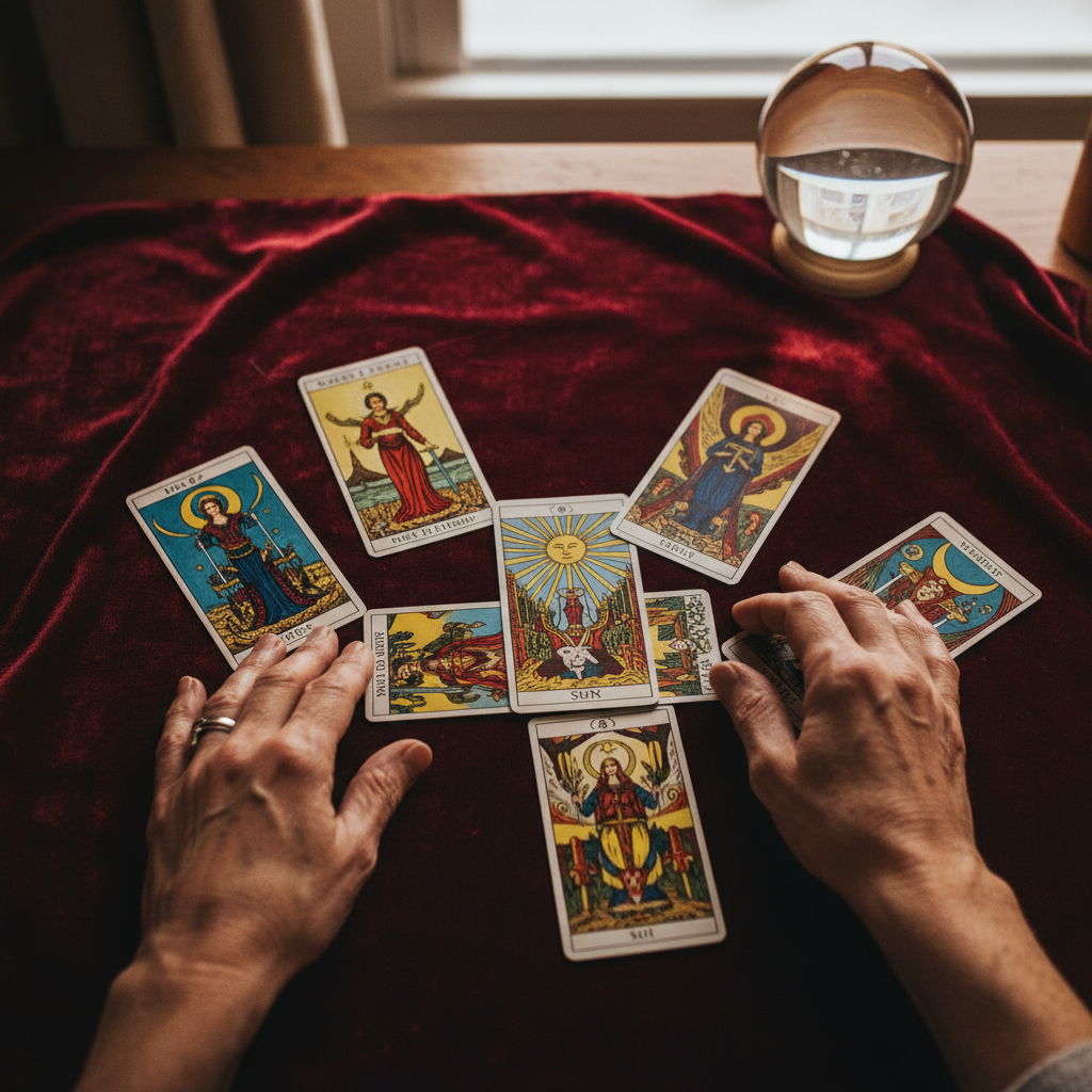 Hands arranging tarot cards on velvet surface with candlelight and soft warm illumination